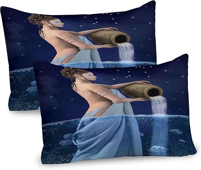 Ambesonne Astrology Pillow Sham Set of 2, Aquarius Lady with Pail in The Sea Water Signs Saturn Mystry at Night Stars, Quality Microfiber Bedding Item for All Seasons, 26" x 20", Blue Dark Blue - Aquarius Pillow for men
