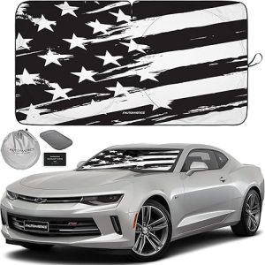 Autoamerics 1-Piece Windshield Sun Shade B&W Art American Flag USA Design - Foldable Car Front Window Sunshade for Most Sedans SUV Truck - Blocks Max UV Rays and Keeps Your Vehicle Cool - Small - Aries Car Ornament for men