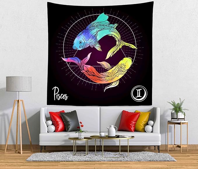 CORFOTO Fabric 60Wx60H Pisces Tapestry Wall Hanging Colorful 12 Horoscope Signs Tapestries Wall Art for Bedroom Living Room College Dorm Home Decor - Pisces Home Decor for men