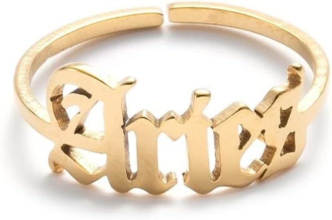 Constellation Rings for Women, 12 Zodiac Old English Letter Adjustable Stainless Steel Zodiac Sign Ring Horoscope Astrology Jewelry - Aries Ring for men
