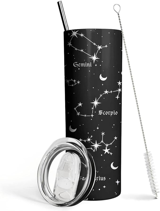 Constellation Tumbler with Lid and Straw, Goth Zodiac Astrology Sign 12 Constellation Insulated Cup Coffee Mug, Birthday Zodiac Gifts for Women Girl, Star Witch Tumbler(Black 20 Oz) - Aries Mug for men