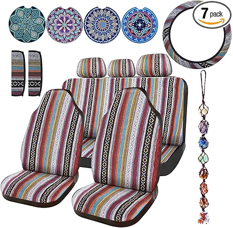 Frienda 14 Pcs Baja Car Seat Covers Full Set Multicolor Stripe Boho Print Steering Wheel Cover Seat Belt Cover Crystal Hanging Ornament Car Holders Fits (Stripe Style) - Aries Car Seat Cover for men