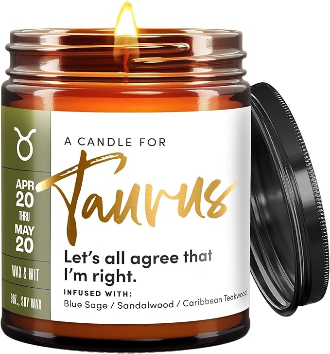 Wax & Wit Taurus Gifts for Women, Zodiac Astrology Gifts for Women, Zodiac Candle, April May Birthday Gift for Woman, Horoscope Gift – 9oz, 50Hr Burn, Soy Wax - Taurus for men
