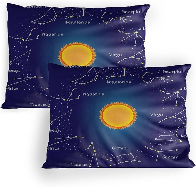 Lunarable Astrology Pillow Sham Set of 2, Celestial Star Chart Constellation Around Sun on The Sky Aries Sign, Quality Microfiber Bedding Item for All Seasons, 36" x 20", Dark Blue Orange - Aries Pillow for men