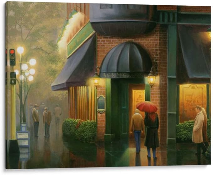 Canvas Lab | Rainy Day Pub by Leo Stans | 32 x 24 in | Canvas Print Wall Art | Food, Architecture, Cities, Figurative, Spirits, Cuisine | Wall Decor for Bedroom, Living Room or Office - Leo Canvas for men
