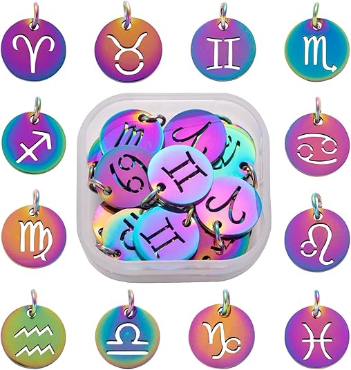 24Pcs 12 Constellation Charms Flat Round Constellation Rainbow Pendants Zodiac Sign Pendants Charm for Jewelry Earring Necklace Making - Aries Bracelet for men