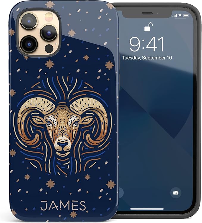 Custom Aries Zodiac Sign, Astrology Personalized Name Case, Compatible with iPhone 17 Air, 16 Pro Max, 15 Plus, 14, 13 Mini, 12, 11, X/XS Max, XR, 7/8 - Aries Phone Case for men