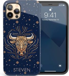 Custom Taurus Zodiac Sign, Astrology Personalized Name Case, Compatible with iPhone 17 Air, 16 Pro Max, 15 Plus, 14, 13 Mini, 12, 11, X/XS Max, XR, 7/8 - Taurus Phone Case for men