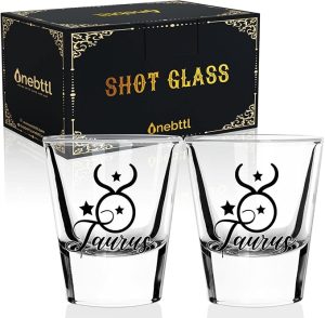 Onebttl Zodiac Sign Shot Glass Set of 2, Unique Birthday Gifts for Women, Men, Friend, Coworker, Wife, Husband- (1.5oz/45ml)- Taurus - Taurus Products for men