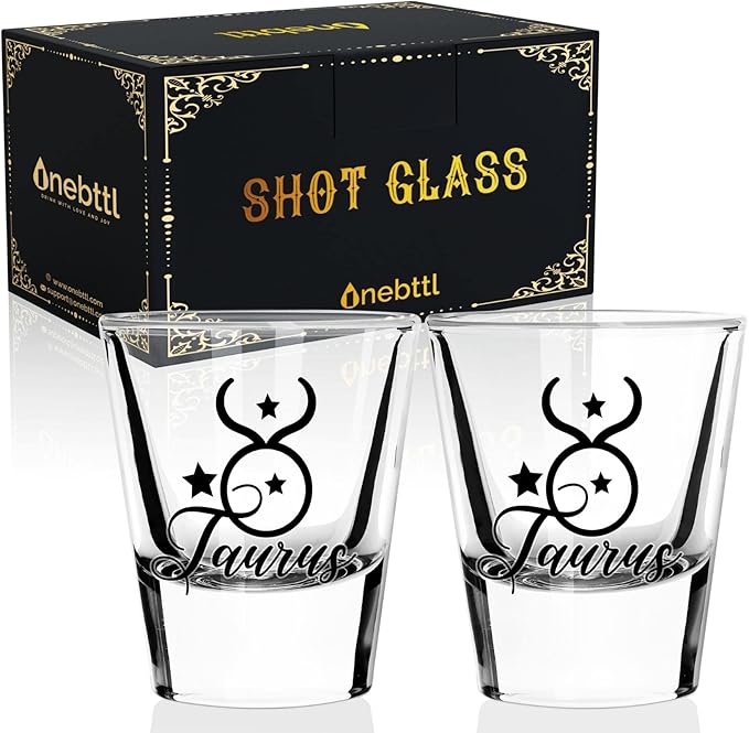 Onebttl Zodiac Sign Shot Glass Set of 2, Unique Birthday Gifts for Women, Men, Friend, Coworker, Wife, Husband- (1.5oz/45ml)- Taurus - Taurus Products for men