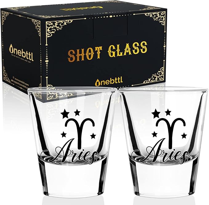 Onebttl Zodiac Sign Shot Glass Set of 2, Unique Birthday Gifts for Women, Men, Friend, Coworker, Wife, Husband- (1.5oz/45ml)- Aries - Aries for men