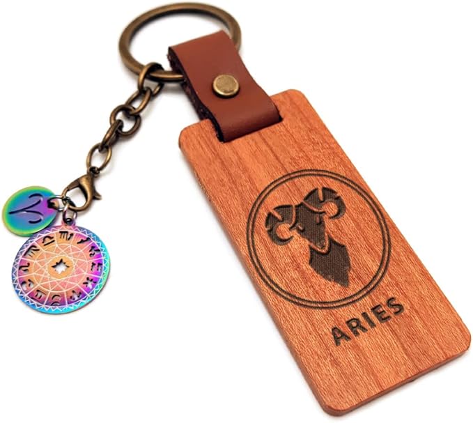 Hometu Wood Pendant Zodiac Keychain - Wooden 12 Constellation Sign Key Chain Ring with Metal Tag Jewelry Aries - Aries Ring for men