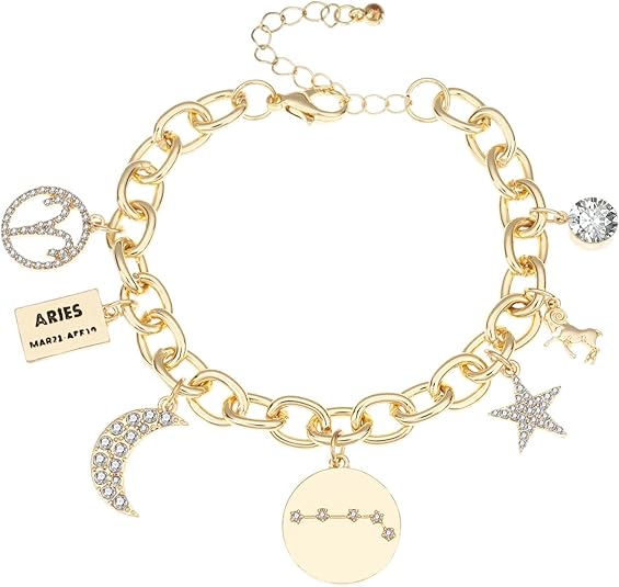 Personalization Collection Gold Plated Zodiac Constellation Symbol | Name Plate | Moon | Constellation | Star | Stone Charms | Chain Bracelet for Women - Aries Bracelet for men