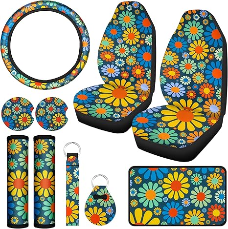 Tallew 10 Pcs Hippie Flower Car Seat Covers Full Set Universal Car Accessories Colorful Art Floral Seat Cover Steering Wheel Cover Armrest Pad Cover Seat Belt Pads for Women Men Car Truck Auto - Aries Car Seat Cover for men