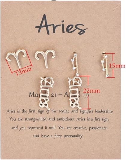 3 Pairs New Card Packaging Horoscope Zodiac Stud Earrings 12 Constellation Astrology 18K Gold Plated Little Ear Stud for Women Friendship Jewelry Gift - Aries Ring for men
