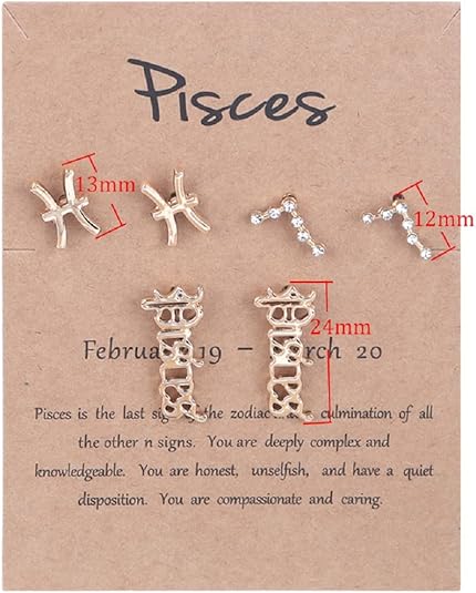 3 Pairs New Card Packaging Horoscope Zodiac Stud Earrings 12 Constellation Astrology 18K Gold Plated Little Ear Stud for Women Friendship Jewelry Gift - Pisces for men