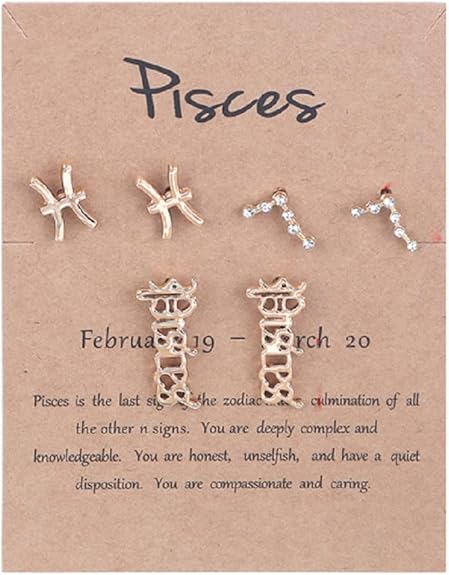 3 Pairs 12 Constellation Zodiac Sign Stud Earrings Star Astrology Horoscope Wish Card for Women Birthday Anniversary Friendship Jewelry - Pisces for men