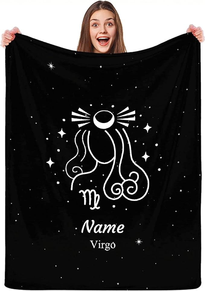 Custom Constellation Virgo Blanket with Name Horoscope Zodiac Blankets, Birthday Souvenir Gifts Personalized Throw Blanket for Dad, Mom, Kids, Pets or Couples Medium 60"x50" for Teens - Virgo Blanket for men