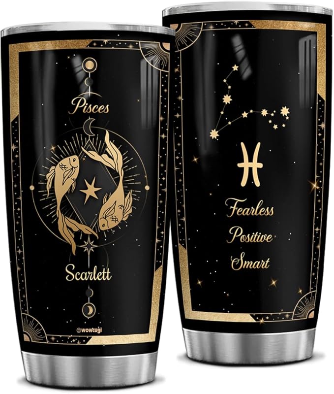 wowcugi Personalized Tumbler Zodiac Pisces Sign Astrology Tumbler Stainless Steel 20 Oz Insulated Travel Coffee Cup March Birthday Present Constellation Gifts for Women Men Best Friends Family - Pisces for men
