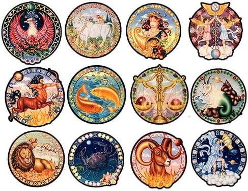 Sheet of All 12 Round Zodiac Symbols Stickers (Sign, Astrology Vinyl Decal Set for Phones, Laptops, Scrapbooking (1 inch Each) - Aries Sticker for men