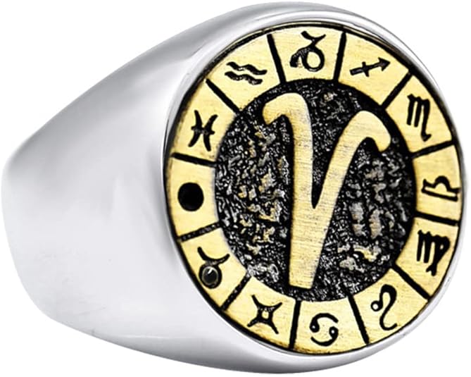 Unisex Stainless Steel Simple 12 Constellation Zodiac Signet Ring Horoscope Astrology - Aries Ring for men