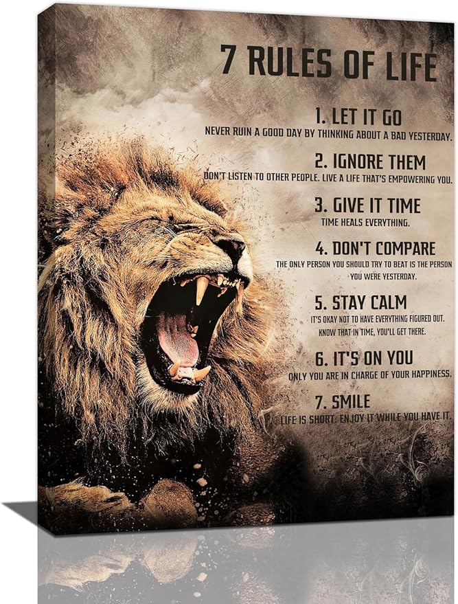 Motivational Lion Wall Art King Animal Lion 7 Rules of Life Quotes Canvas Wall Decor Inspirational Vintage Pictures Print Painting Framed Artwork Home Decor for Bedroom Living Room Office 12"x16" - Leo Canvas for men
