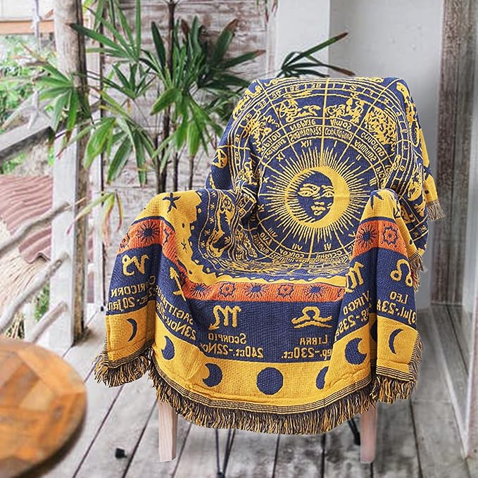 Boho Throw Blankets Woven Reversible Cotton Bohemian Tapestry Hippie Room Decor Witchy Astrology Zodiac Celestial Constellation Carpet Bed Recliner Chair Couch Sofa Cover Double Sided 50"x70" - Aries Blanket for men