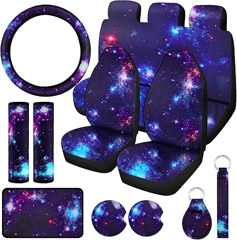 Frienda 15 Pieces Galaxy Car Seat Cover Steering Wheel Cover Universal Star Space Galaxy Car Accessories Separate Headrest Seat Belt Pads fit for Auto Truck Van SUV - Aquarius Car Seat Cover for men