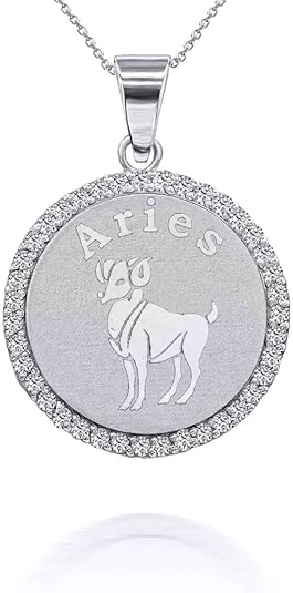14K White Gold Diamond Accented Zodiac Astrological Sign Charm Personalized Pendant Necklace (G-H Color, SI1-SI2 Clarity) - Choice of Length and Zodiac Sign - Aries Necklace for men