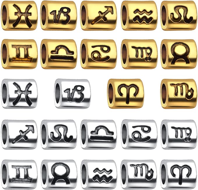 Hmjpng 72pcs Zodiac Sign Spacer Beads Alloy 12 Constellations Tube Horoscope Beads with 4.7 mm Large Hole for European Bracelet DIY Jewelry Making, Golden and Silver - Aries Bracelet for men