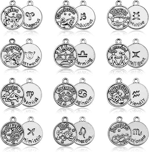 DIY Zodiac Charm Set, 96 Count 8 Sets Antique Tibetan Silver Round Zodiac Sign Charms Constellation Pendants for Necklace Bracelet Jewelry Making and Crafting - Aries Necklace for men