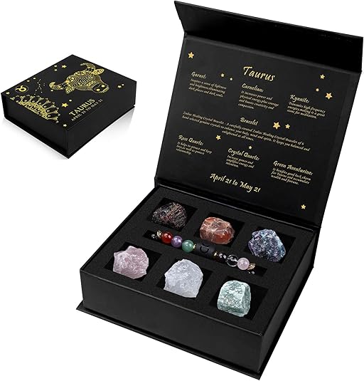 GolbalJew 12 Zodiac Signs Crystals and Healing Stones Gifts for Women Natural Crystal Jewelry Healing Crystal Zodiac Sign Stones with Crystal Bracelet The Astrology Birthstone with Horoscope Box Set - Taurus for men