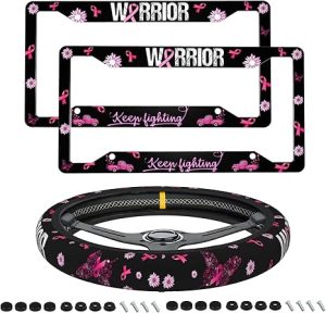 2PCS Breast Cancer Awareness License Plate Frame - Pink Ribbon License Plate Frame Fashion Auto Accessories Decorative Front and Rear Car Tags,Personalized License Plate Frame for Womens - Cancer Car Accessories for men