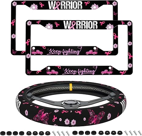 2PCS Breast Cancer Awareness License Plate Frame - Pink Ribbon License Plate Frame Fashion Auto Accessories Decorative Front and Rear Car Tags,Personalized License Plate Frame for Womens - Cancer Car Accessories for men