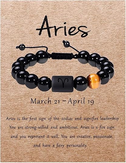 Father's Day Gifts Zodiac Bracelet for Men Women 10mm Natural Black Onyx Stone Star Sign Constellation Beaded Protection Bracelet - Aries Bracelet for men
