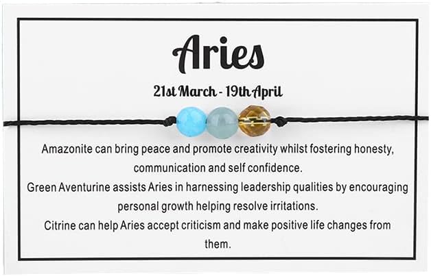 12 Constellation Zodiac Crystal Natural Stone Horoscope Stretch Bracelets Healing Gemstone Adjustable Braid Cord String Rope for Couples Friendship Reiki Yoga Meditation Jewelry - Aries Bracelet for men