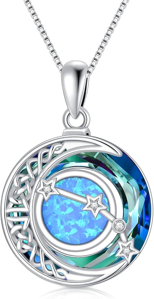 Zodiac Necklace 925 Sterling Silver Celtic Moon Constellation Pendant Necklaces with Blue Crystal and Blue Opal Jewelry Birthday Christmas Gifts for Women - Aries Necklace for men