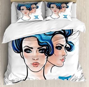 Ambesonne Zodiac Gemini Duvet Cover Sets, Ink and Watercolor Art Young Women Portraits of Air Sign, Bedding Set with 2 Duvet Covers 4 Pillowcases, 2 Pack Cal King Size, Pale Peach Black - Gemini Blanket for men