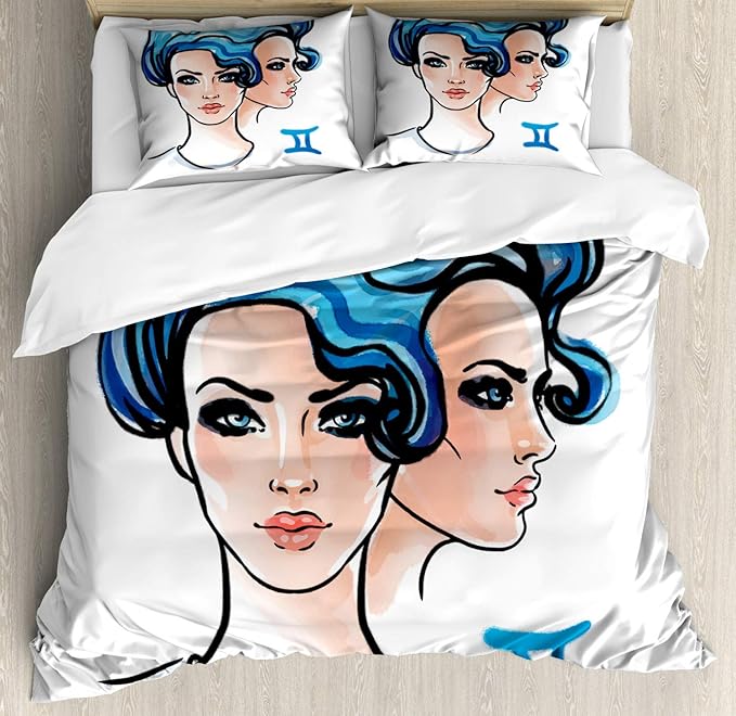Ambesonne Zodiac Gemini Duvet Cover Sets, Ink and Watercolor Art Young Women Portraits of Air Sign, Bedding Set with 2 Duvet Covers 4 Pillowcases, 2 Pack Cal King Size, Pale Peach Black - Gemini Blanket for men