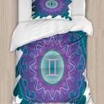 Ambesonne Zodiac Gemini Duvet Cover Sets, Doodle Style Mandala Round Pattern with Cosmic Sign and Scribble, Bedding Set with 2 Duvet Covers 4 Pillowcases, 2 Pack Cal King Size, Teal Pink and Green - Gemini Blanket for men