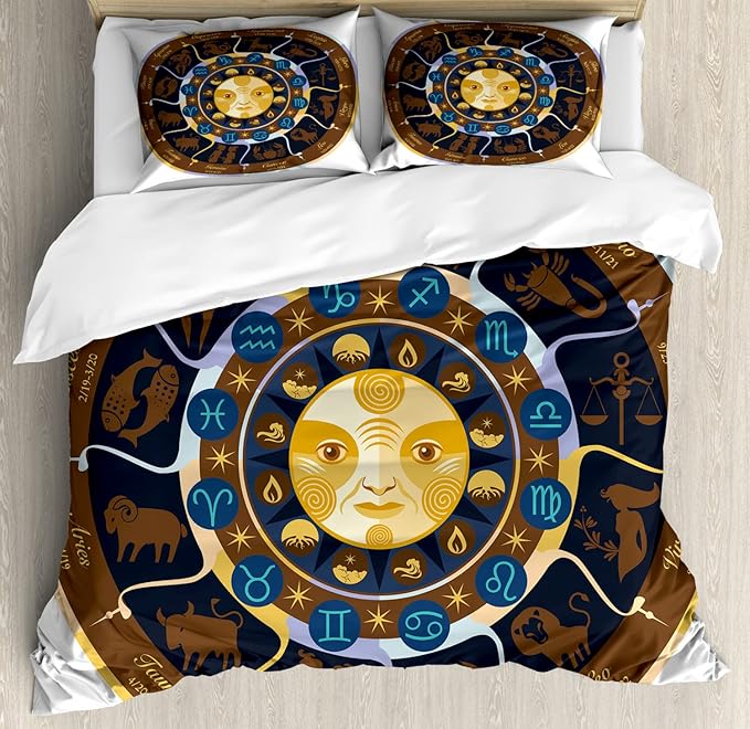 Ambesonne Astrology Duvet Cover Sets, Aries Taurus Gemini Cancer Leo Virgo Libra Scorpio Horoscope Signs, Bedding Set with 2 Duvet Covers 4 Pillowcases, 2 Pack Cal King Size, Brown Yellow and Blue - Gemini Blanket for men