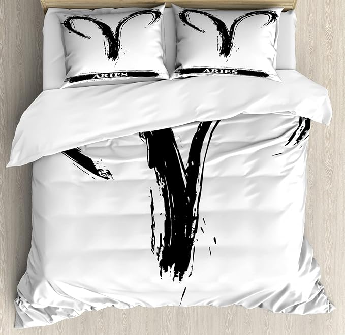 Ambesonne Astrology Duvet Cover Sets, Aries Astrology Sign with Grunge Illustration Elements Character Venus, Bedding Set with 2 Duvet Covers & 4 Pillowcases, 2 Pack Queen Size, White Black - Aries Blanket for men
