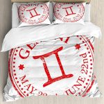 Ambesonne Zodiac Gemini Duvet Cover Sets, Weathered Old Rubber Stamp Design Vintage Circle Stars Sign and Dates, Bedding Set with 2 Duvet Covers & 4 Pillowcases, 2 Pack Queen Size, Scarlet and White - Gemini Blanket for men