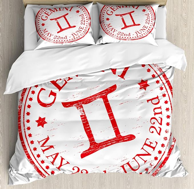 Ambesonne Zodiac Gemini Duvet Cover Sets, Weathered Old Rubber Stamp Design Vintage Circle Stars Sign and Dates, Bedding Set with 2 Duvet Covers & 4 Pillowcases, 2 Pack Queen Size, Scarlet and White - Gemini Blanket for men