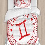 Ambesonne Zodiac Gemini Duvet Cover Sets, Weathered Old Rubber Stamp Design Vintage Circle Stars Sign and Dates, Bedding Set with 2 Duvet Covers & 2 Pillowcases, 2 Pack Twin Size, Scarlet and White - Gemini Blanket for men
