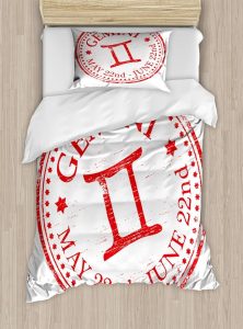 Ambesonne Zodiac Gemini Duvet Cover Sets, Weathered Old Rubber Stamp Design Vintage Circle Stars Sign and Dates, Bedding Set with 2 Duvet Covers & 2 Pillowcases, 2 Pack Twin Size, Scarlet and White - Gemini Blanket for men