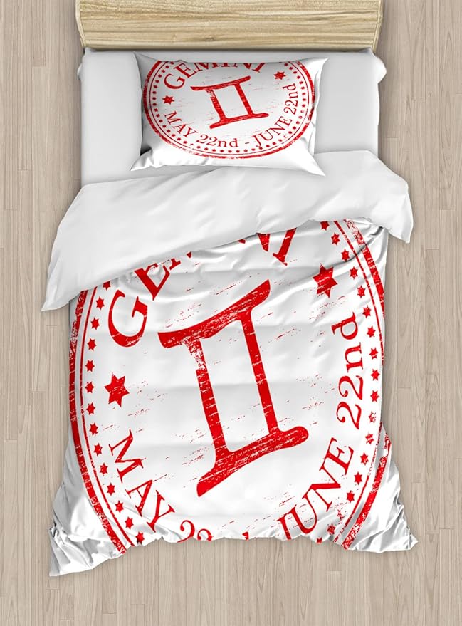 Ambesonne Zodiac Gemini Duvet Cover Sets, Weathered Old Rubber Stamp Design Vintage Circle Stars Sign and Dates, Bedding Set with 2 Duvet Covers & 2 Pillowcases, 2 Pack Twin Size, Scarlet and White - Gemini Blanket for men