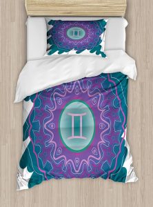 Ambesonne Zodiac Gemini Duvet Cover Sets, Doodle Style Mandala Round Pattern with Cosmic Sign and Scribble, Bedding Set with 2 Duvet Covers & 4 Pillowcases, 2 Pack King Size, Teal Pink and Green - Gemini Blanket for men