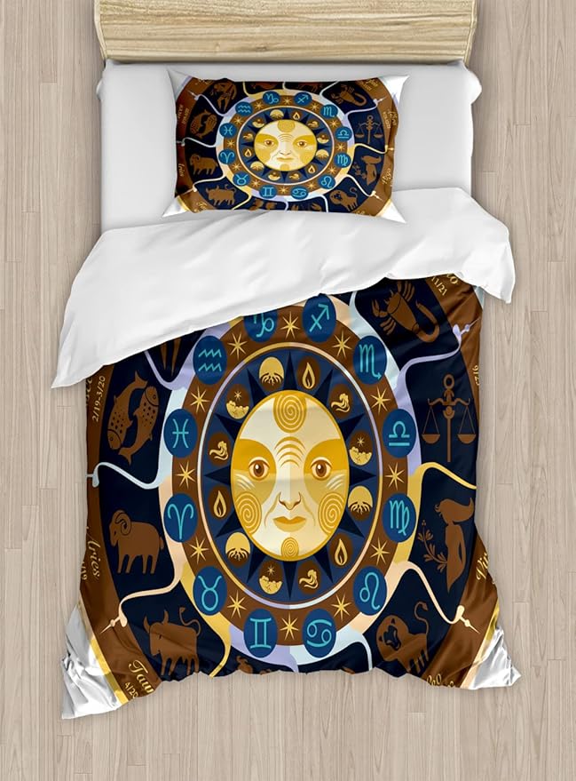 Ambesonne Astrology Duvet Cover Sets, Aries Taurus Gemini Cancer Leo Virgo Libra Scorpio Horoscope Signs, Bedding Set with 2 Duvet Covers & 2 Pillowcases, 2 Pack Twin Size, Brown Yellow and Blue - Gemini Blanket for men