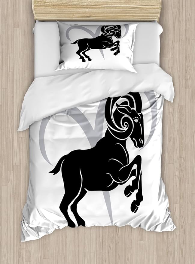 Ambesonne Zodiac Aries Duvet Cover Sets, Black Silhouette of a Astrological Animal Standing on Grey Sign, Bedding Set with 2 Duvet Covers & 2 Pillowcases, 2 Pack Twin Size, Pale Grey White - Aries Blanket for men